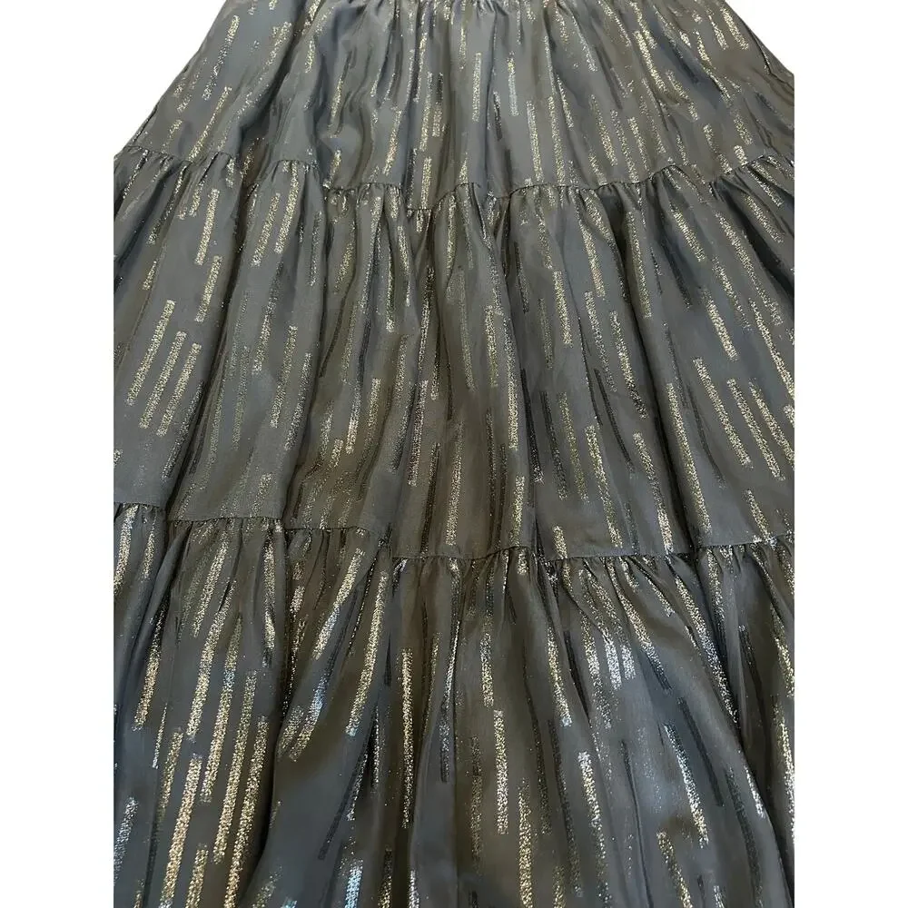 Elan Women’s Small Black Metallic Stripe Tiered Maxi Skirt Boho Elastic Waist - Picture 3 of 7